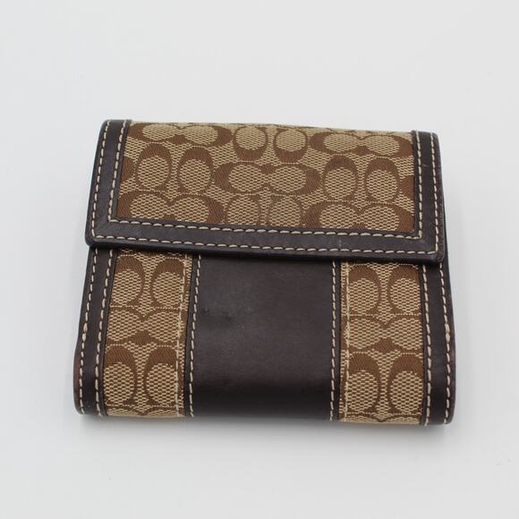 Y2K Coach Signature Wallet Brown Leather Canvas Gold Logo Bifold Compact - Picture 2 of 8